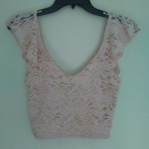 Ruffled lace cap-sleeve crop top